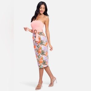 Bebe “Belted Strapless Printed Midi” dress